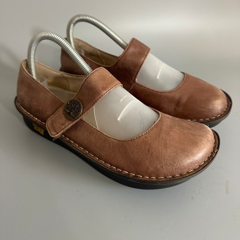 Alegria Paloma Brown Leather Mary Jane Flat Shoes Tree Button Womens 8 8.5